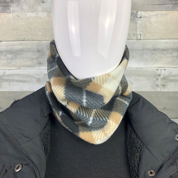 Plaid Fleece Neck Gaiter: Black, Tan & Cream - Handmade Scarf Warmer - Picture 2 of 9